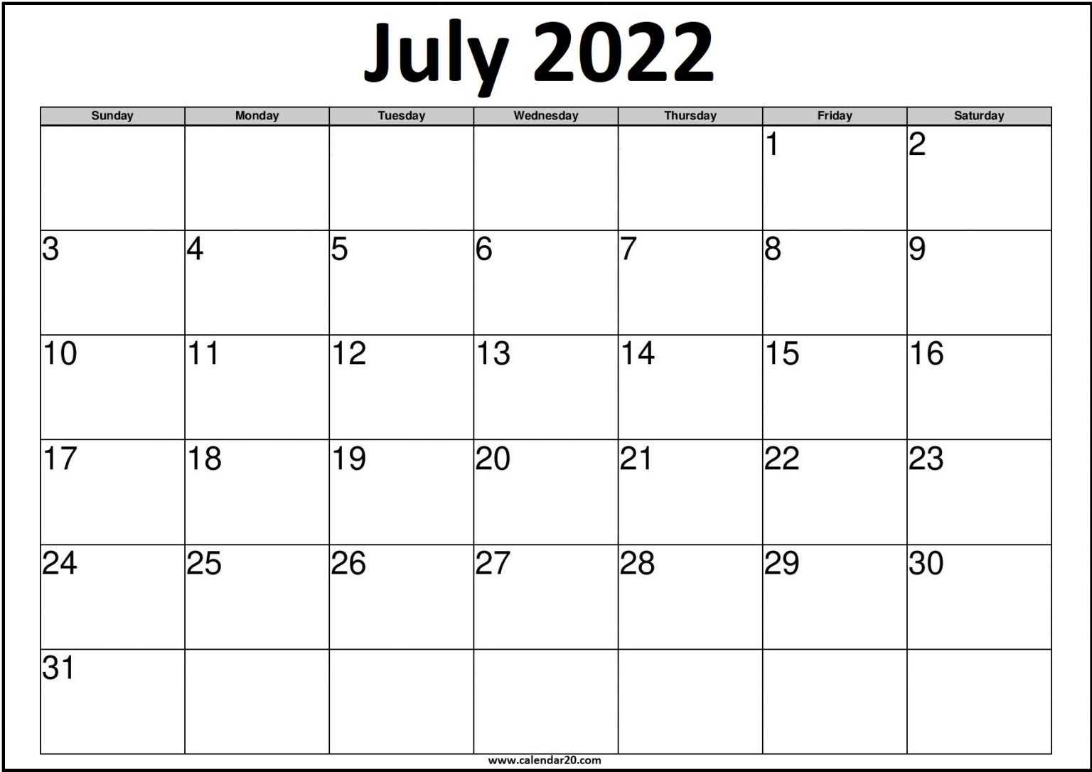 July 2022 Printable US Calendar - Calendar20.com