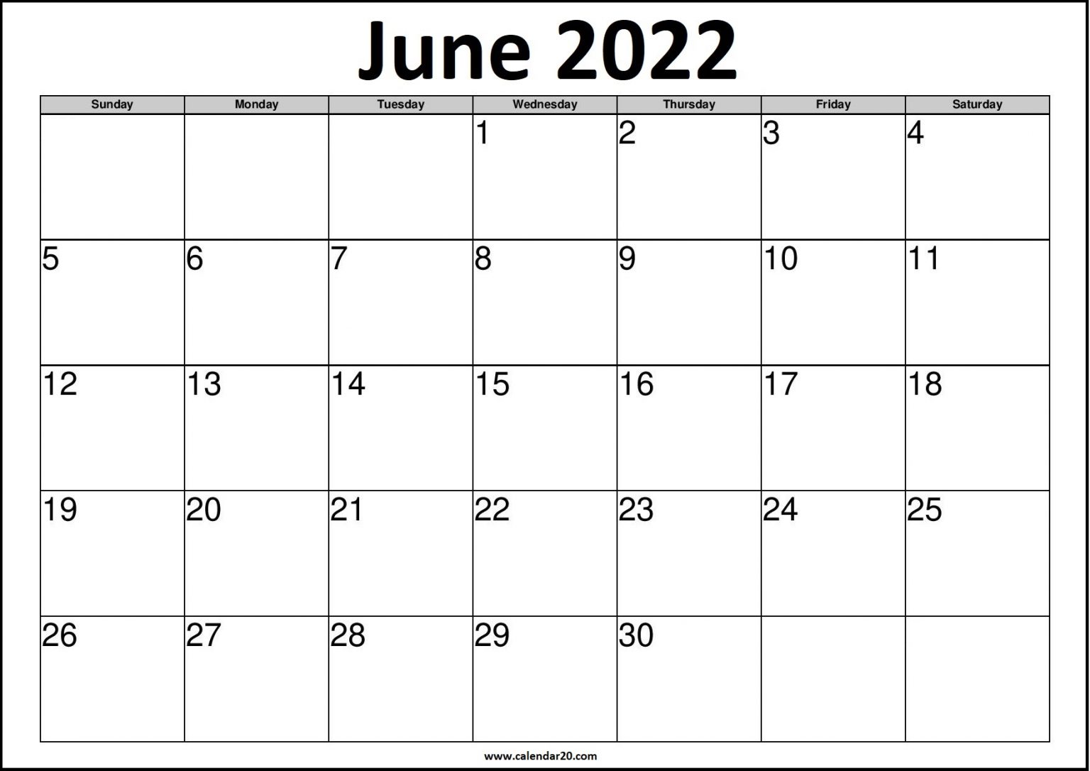 June 2022 US Calendar Printable - Calendar20.com