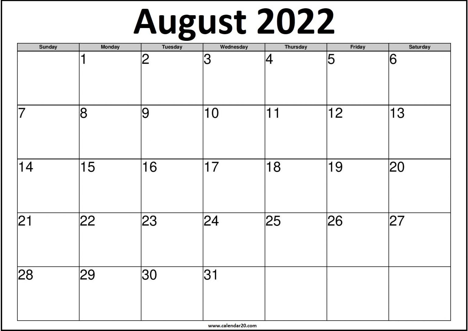 August 2022 Calendar Printable US