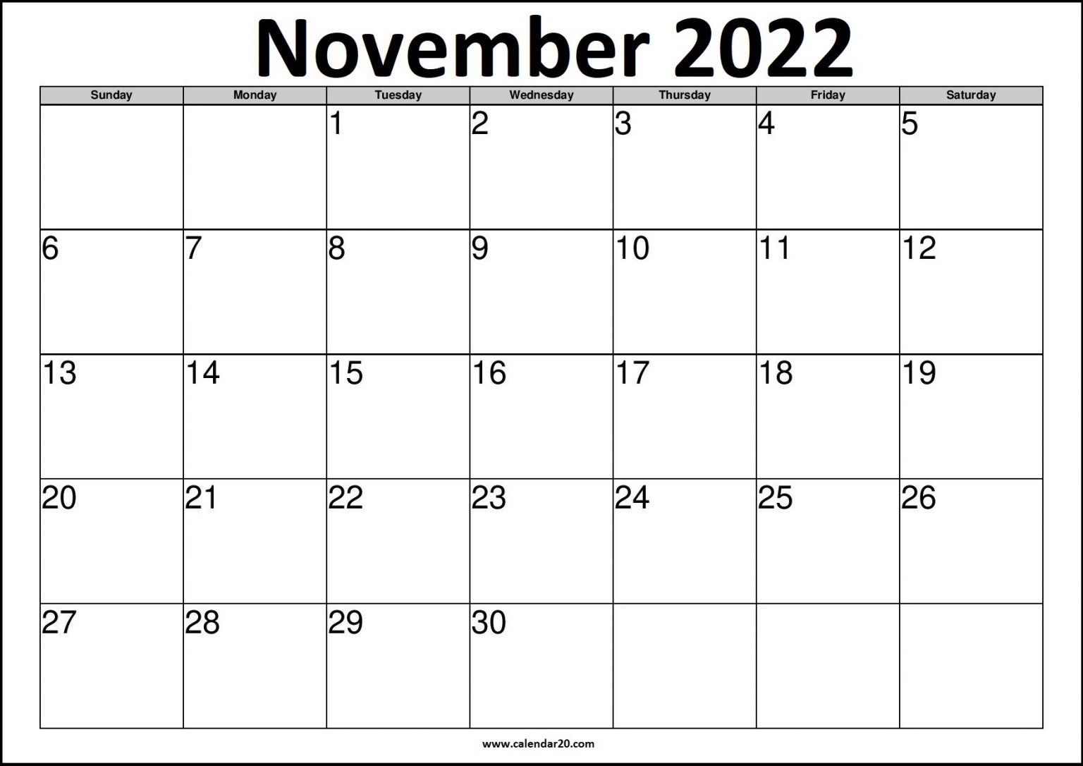 November 2022 US Calendar Printable - Calendar20.com