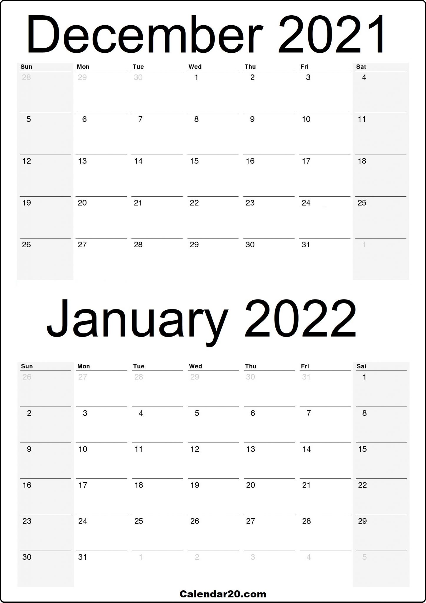 December 2021 January 2022 Calendar One Page - Calendar20.com