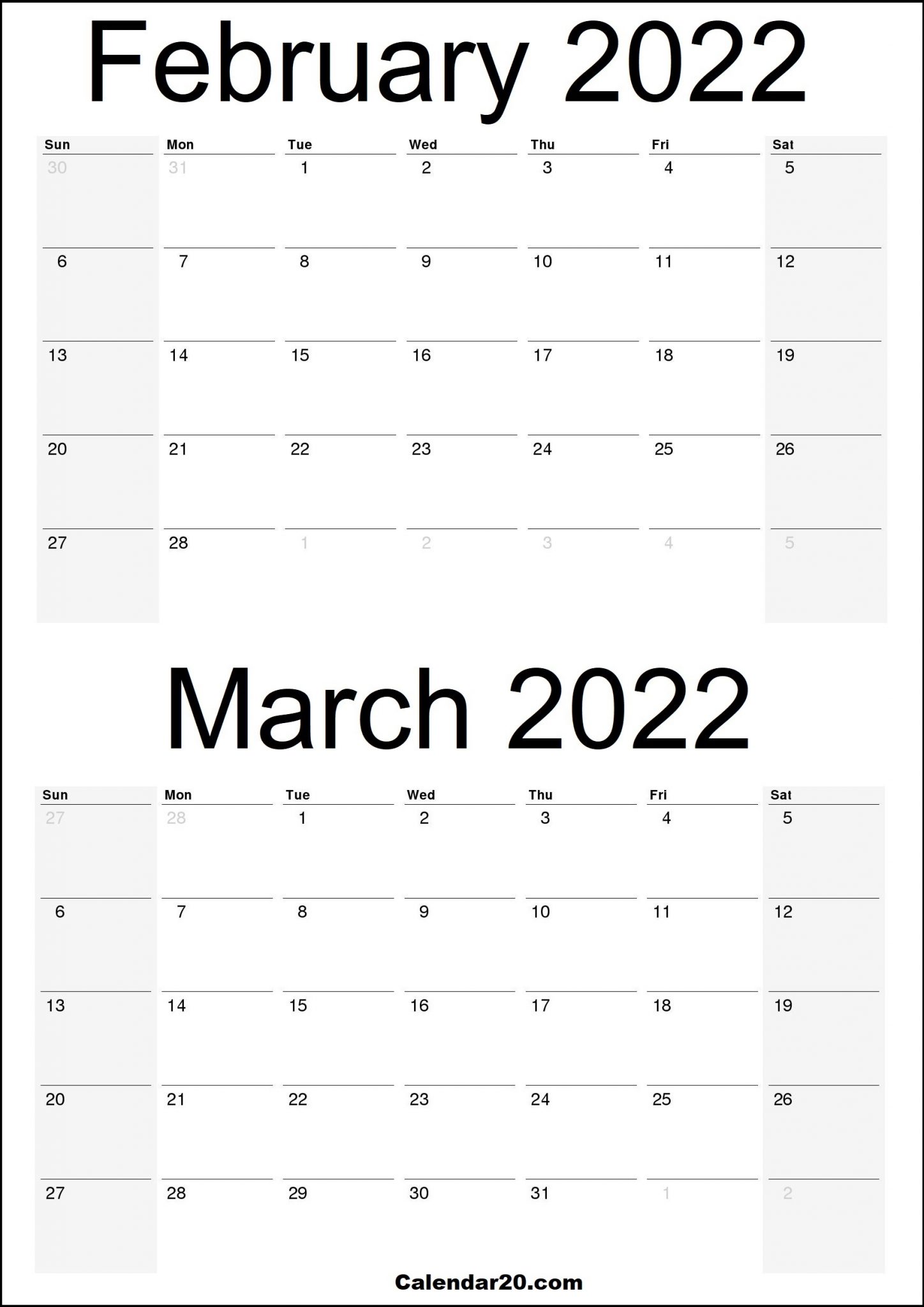 February 2022 March 2022 Calendar One Page - Calendar20.com