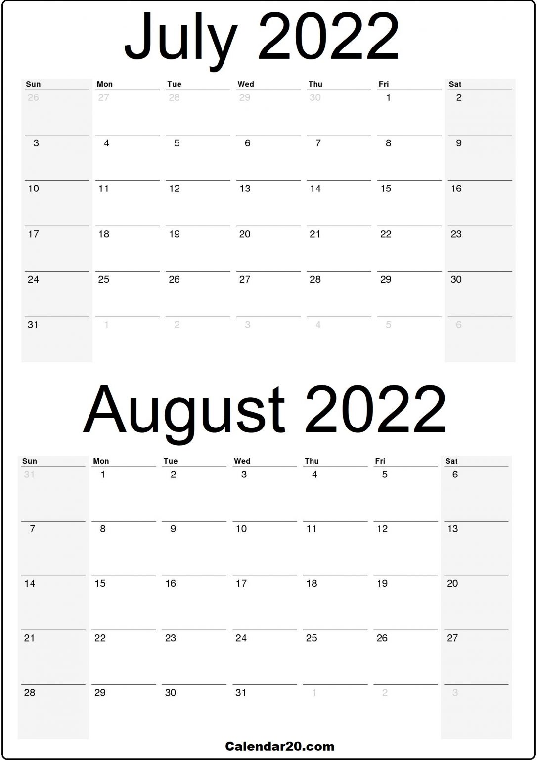 July 2022 August 2022 Calendar Printable Free - Calendar20.com