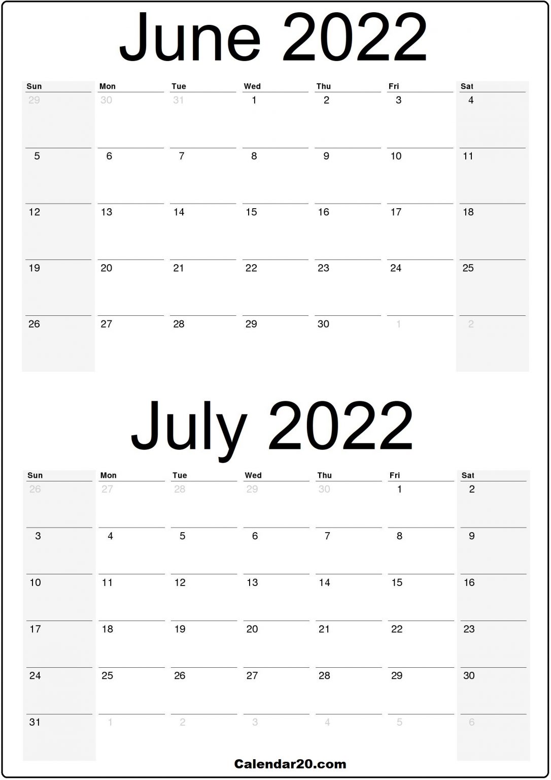 June 2022 July 2022 Printable Calendar - Calendar20.com