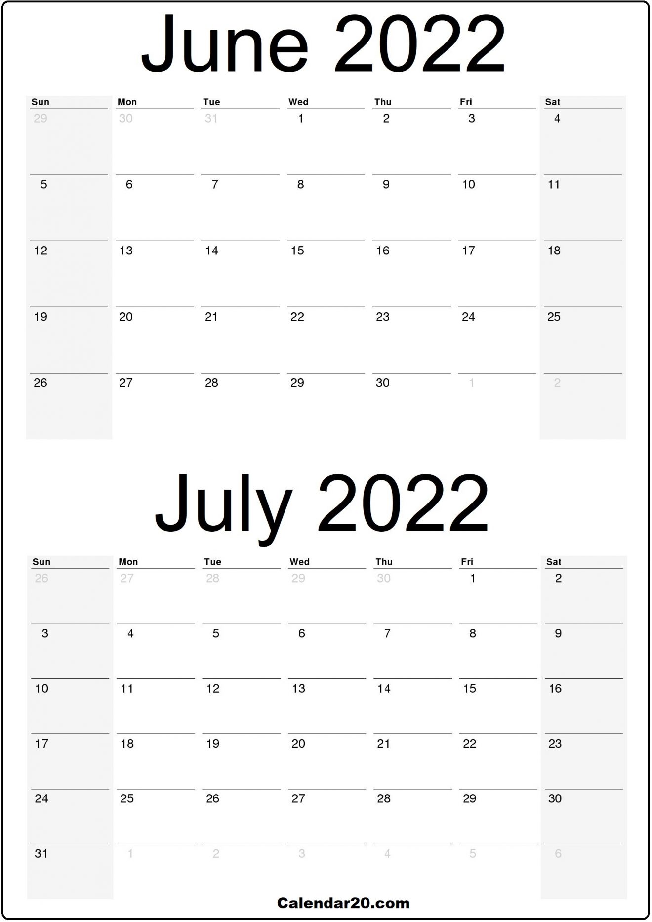 June 2022 July 2022 Printable Calendar - Calendar20.com