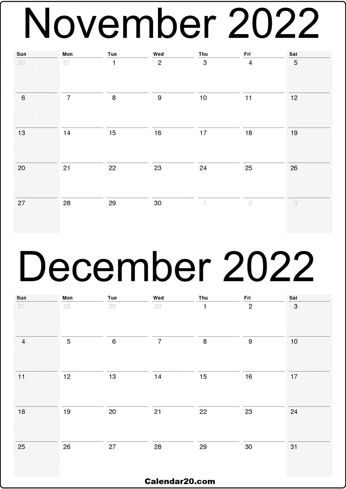 November 2022 December 2022 Printable Calendar - Calendar20.com