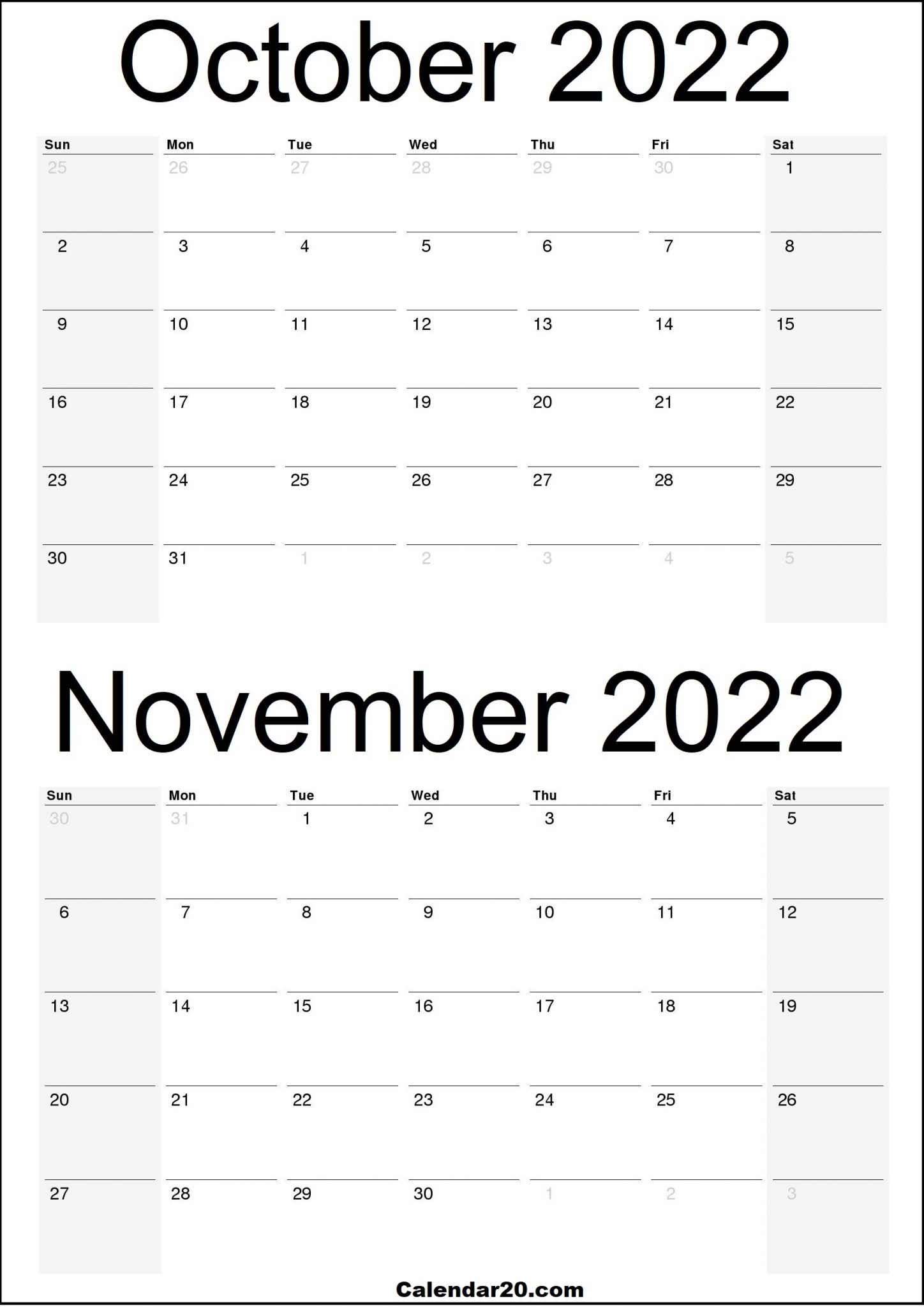 October 2022 November 2022 Printable Calendar