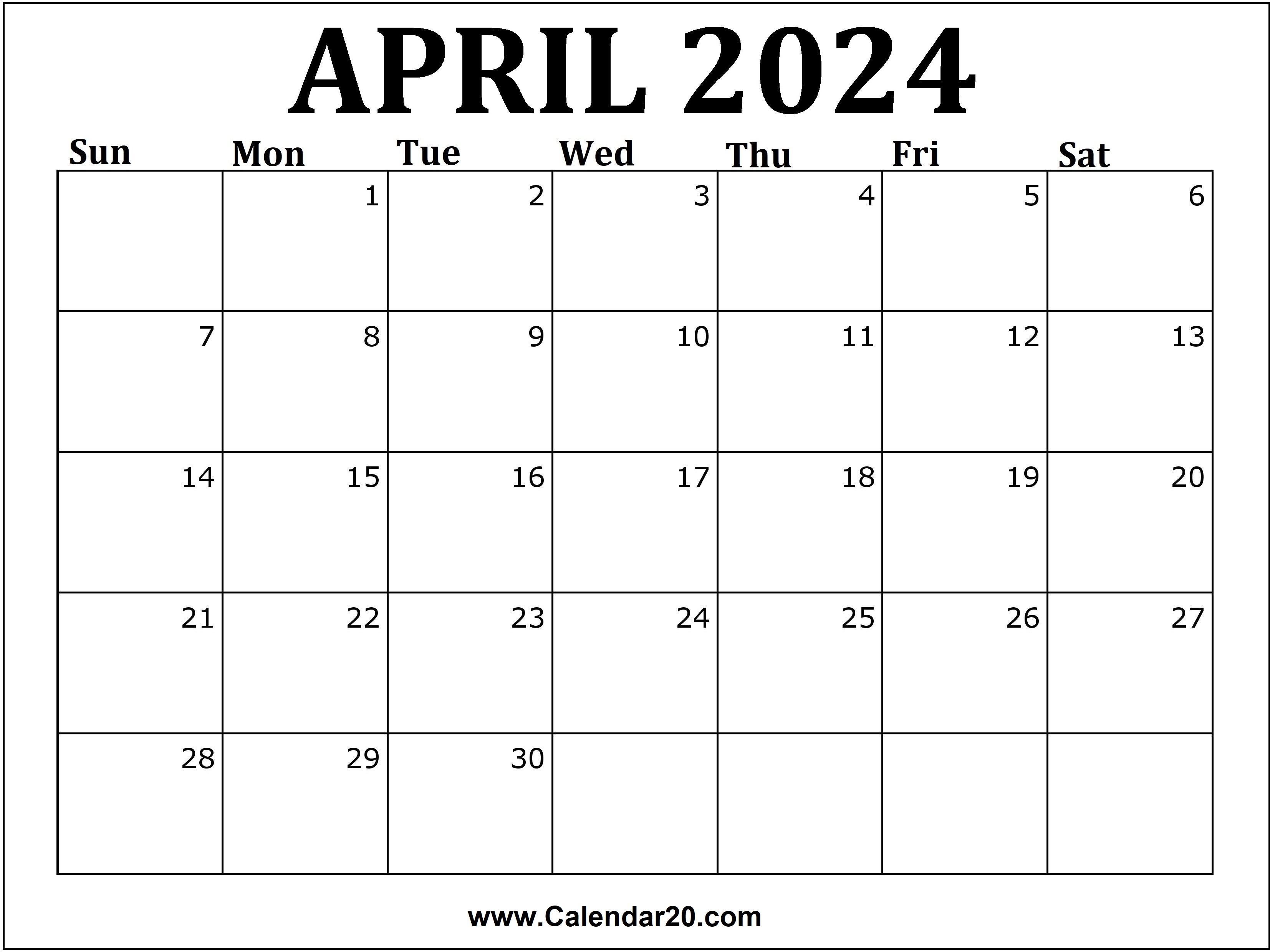 Printable April 2024 Calendar Big Dates Photos - Free Calendar Printable