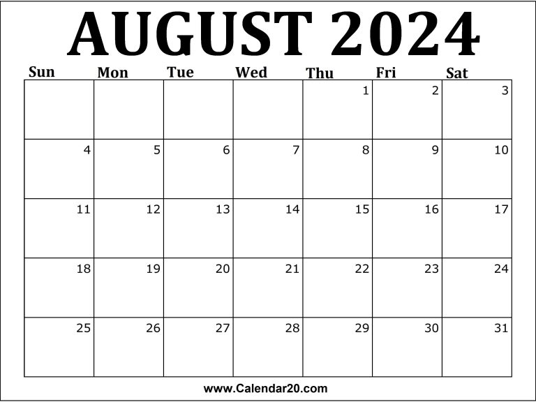 August 2024 Calendar Printable - Calendar20.com