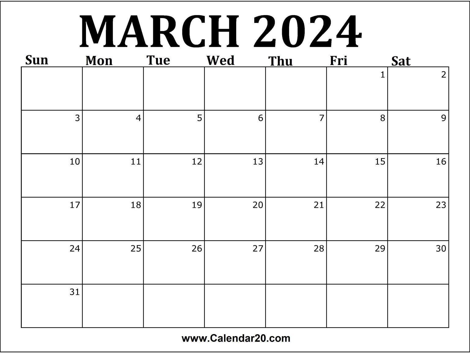 March 2024 Printable Calendar - Calendar20.com