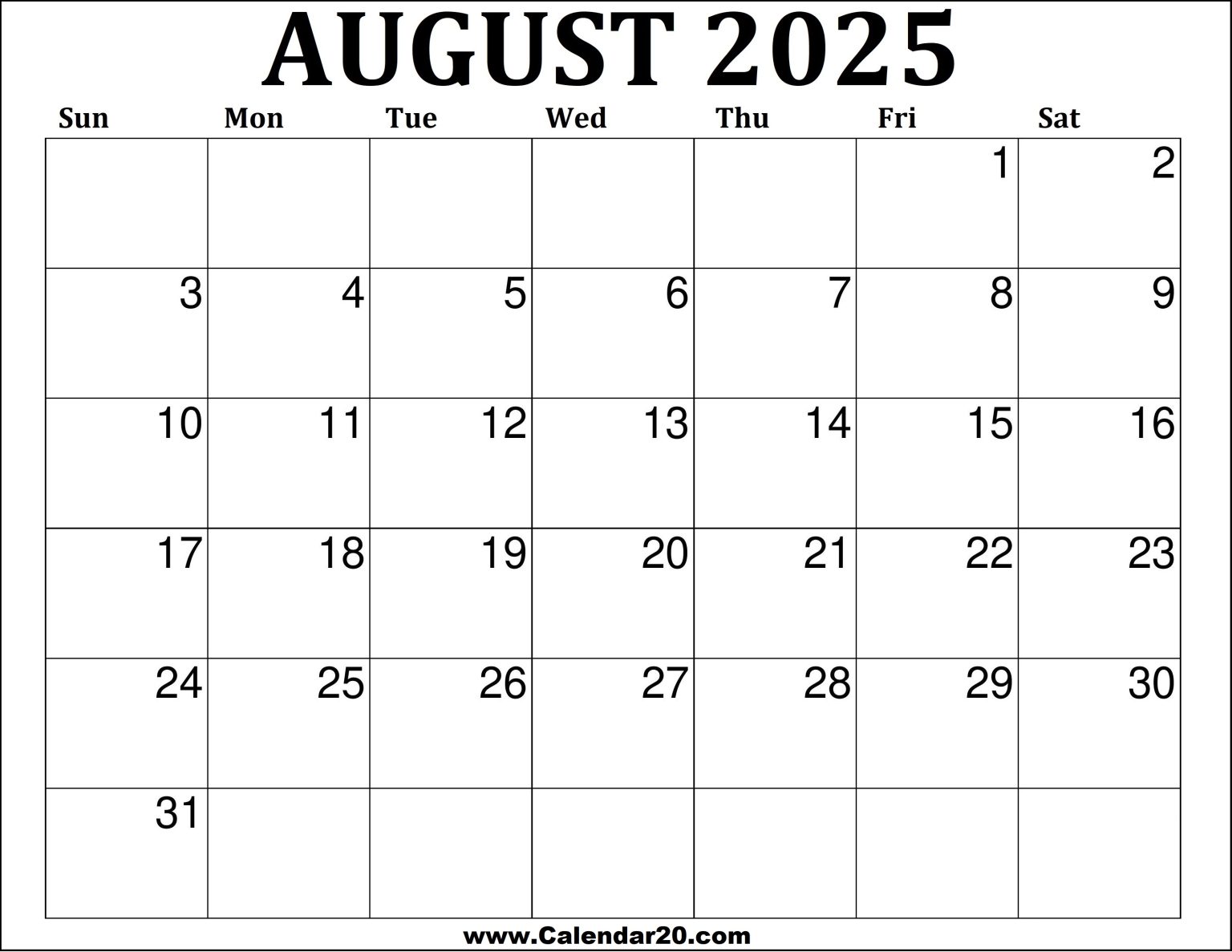 August 2025 Calendar Printable - Calendar20.com