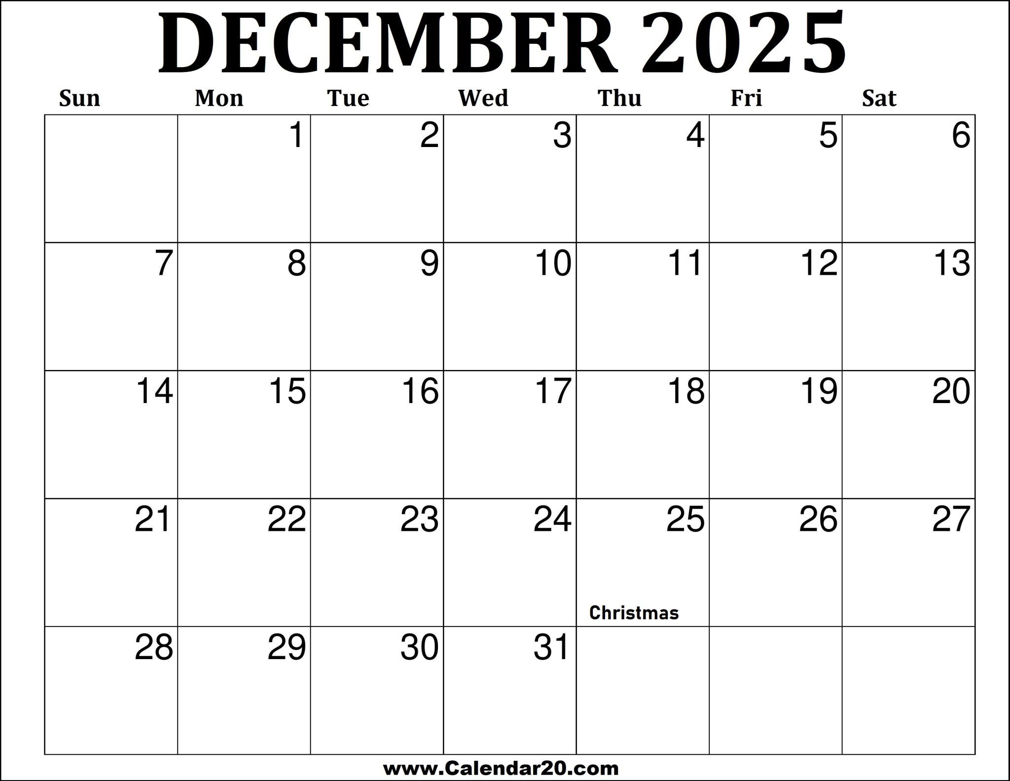 December 2025 Calendar Printable - Calendar20.com