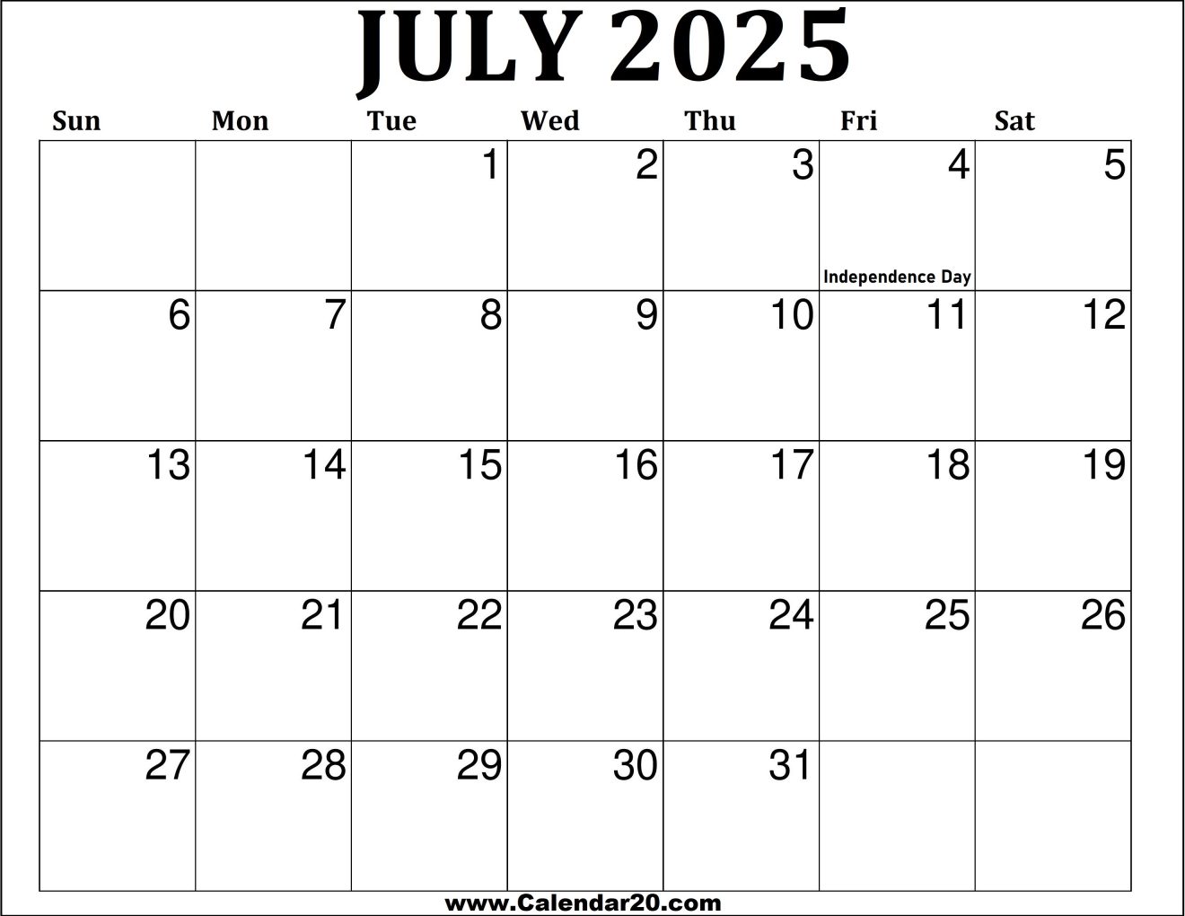 July 2025 Printable Calendar - Calendar20.com