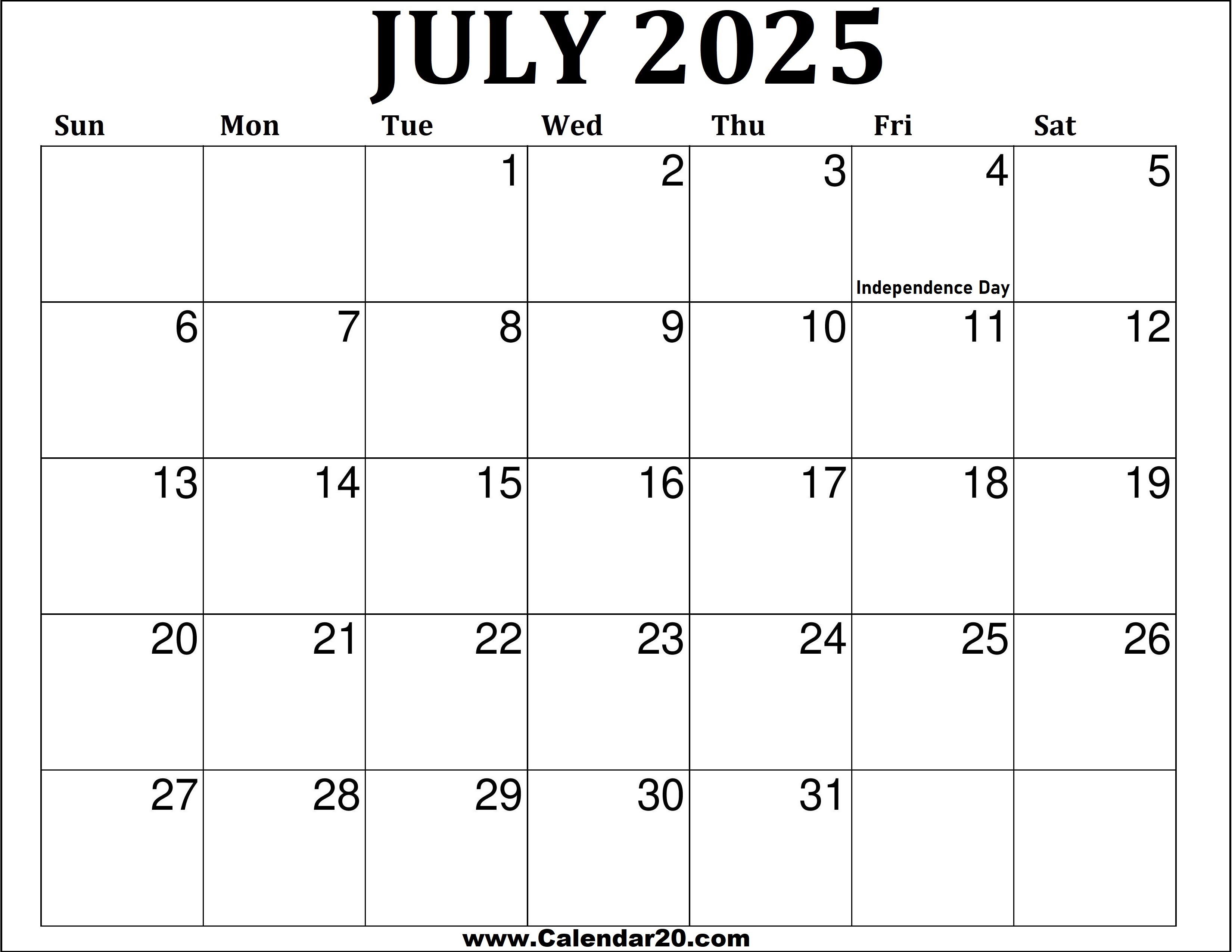 July 2025 Printable Calendar - Calendar20.com