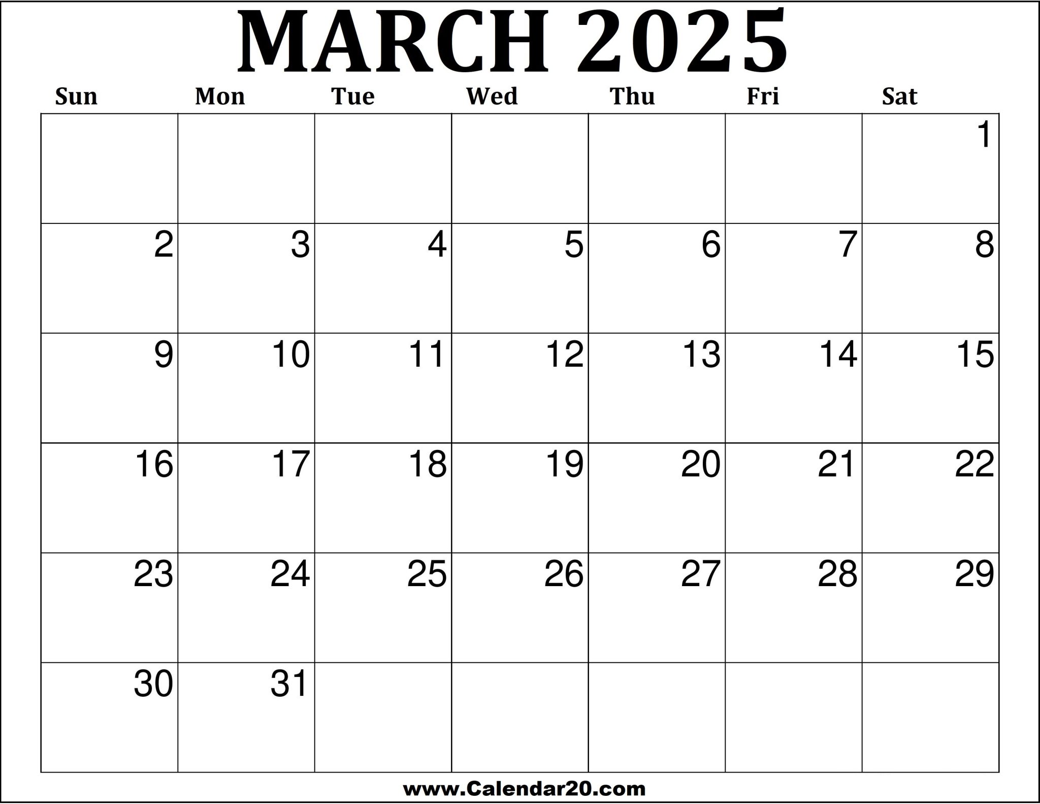 March 2025 Printable Calendar Calendar20 com March 2025 Printable Calendar Calendar20 com