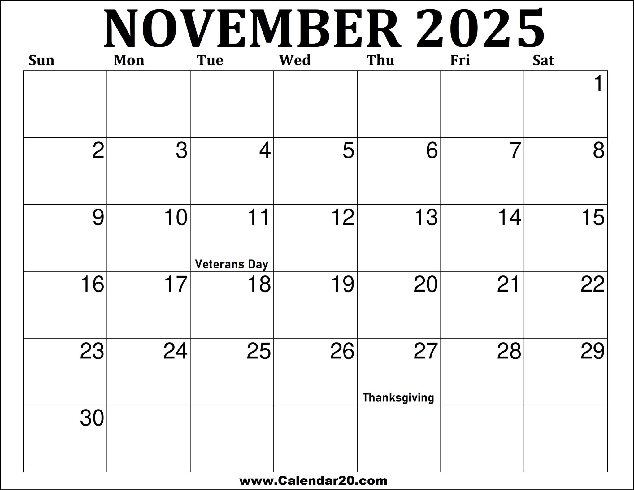 November 2025 Printable Calendar