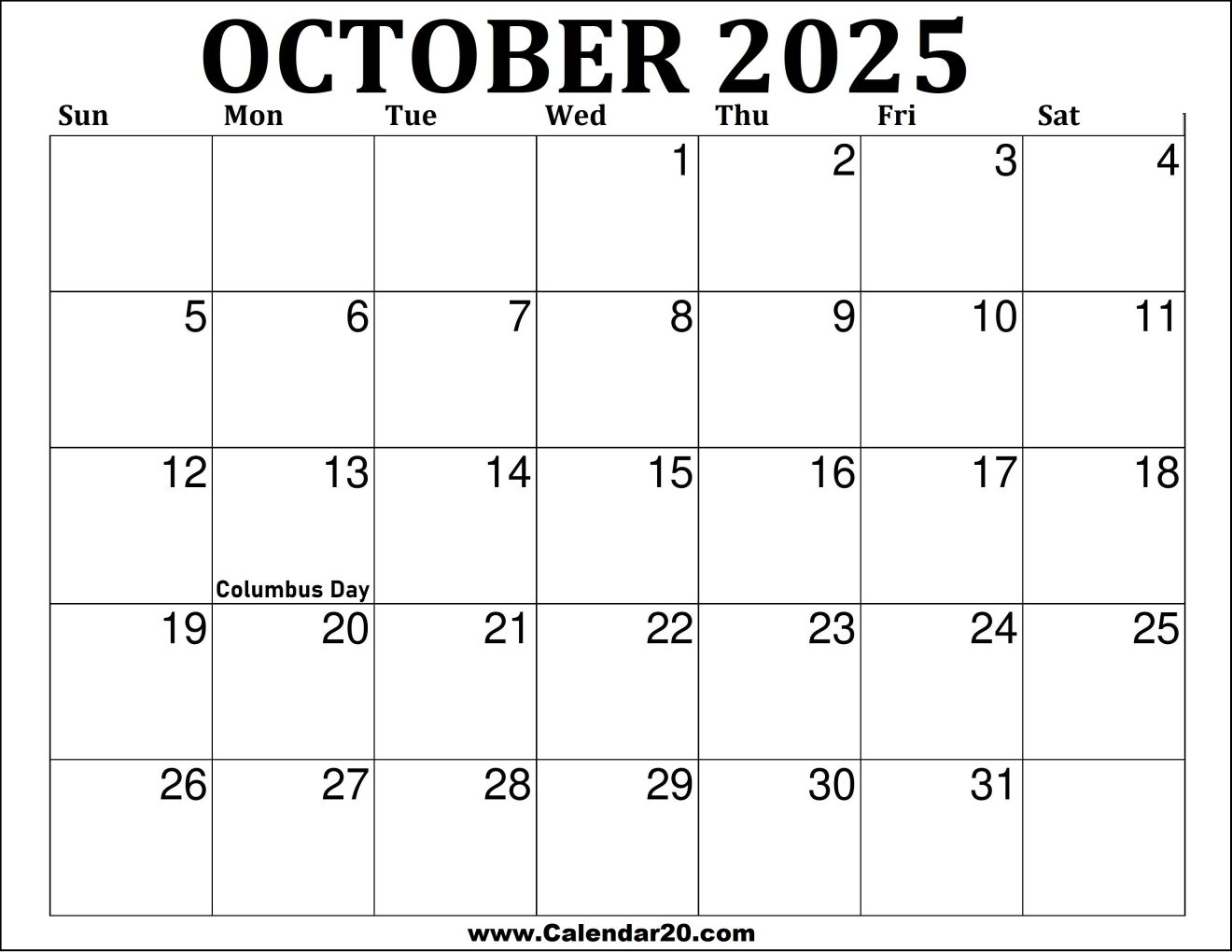 October 2025 Calendar Printable - Calendar20.com