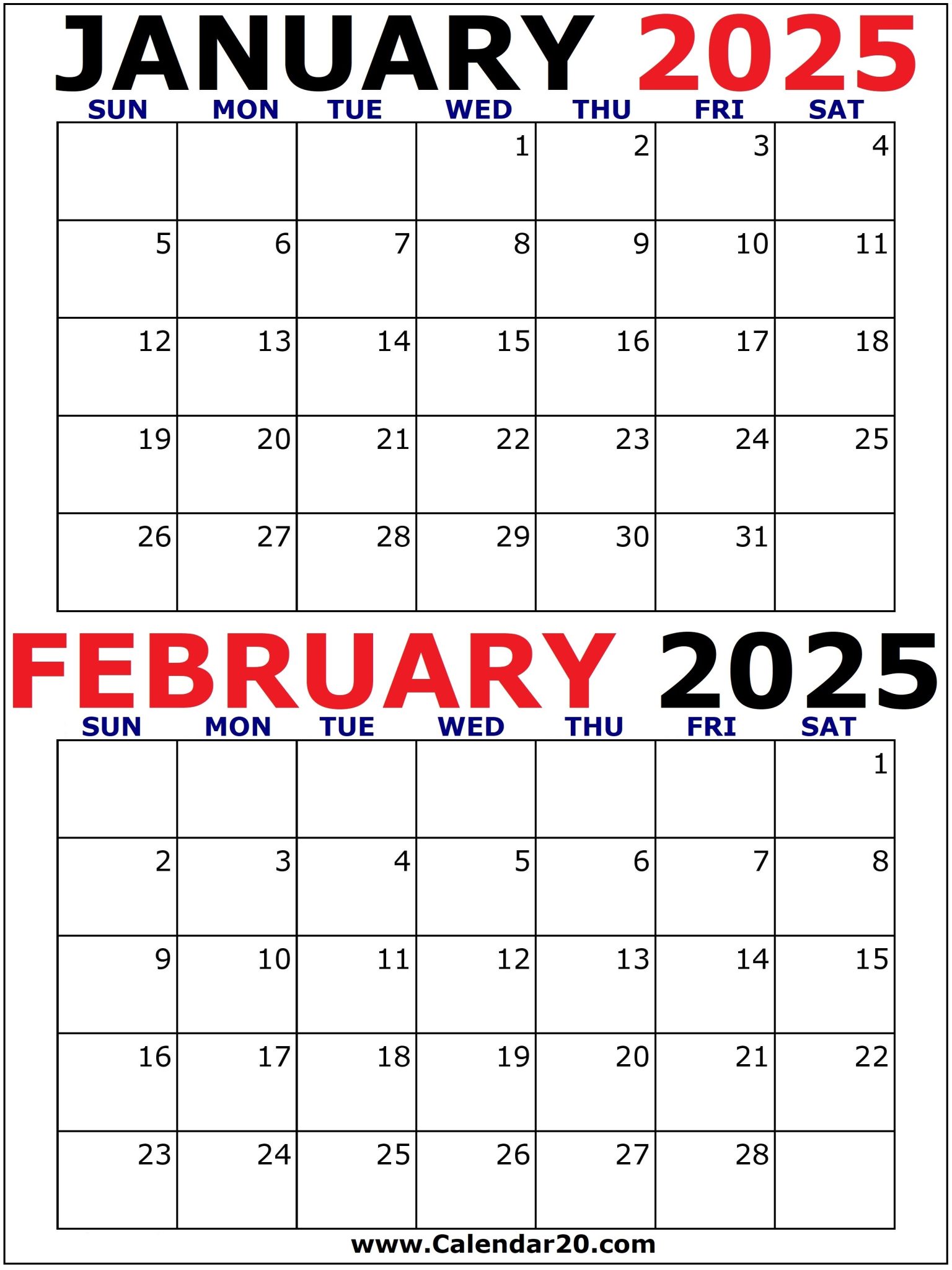 January and February 2025 Calendar Printable