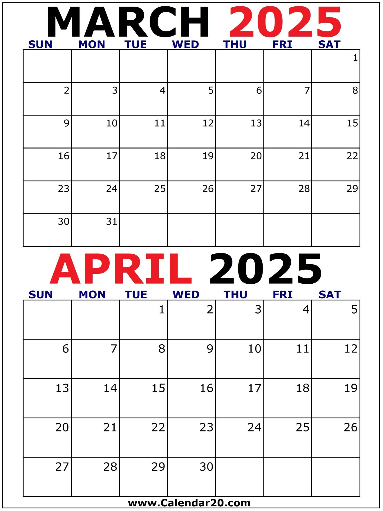 March and April 2025 Printable Calendar