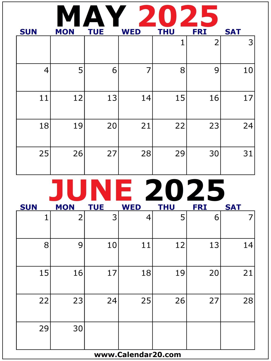 May and june 2025 calendar two months per page calendar20