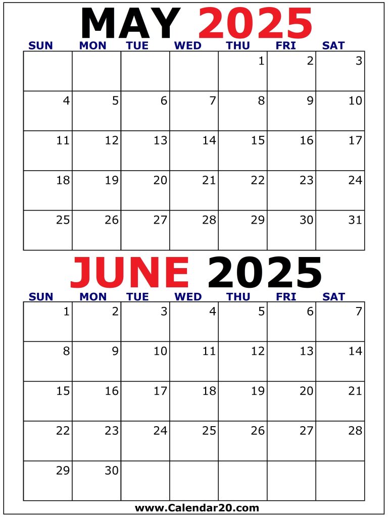 Printable 2 Month Calendar May June 2025 Free Printable Mora Tabbie