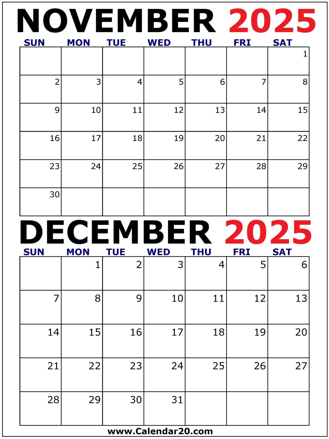 November and December 2025 Calendar Printable Vertical