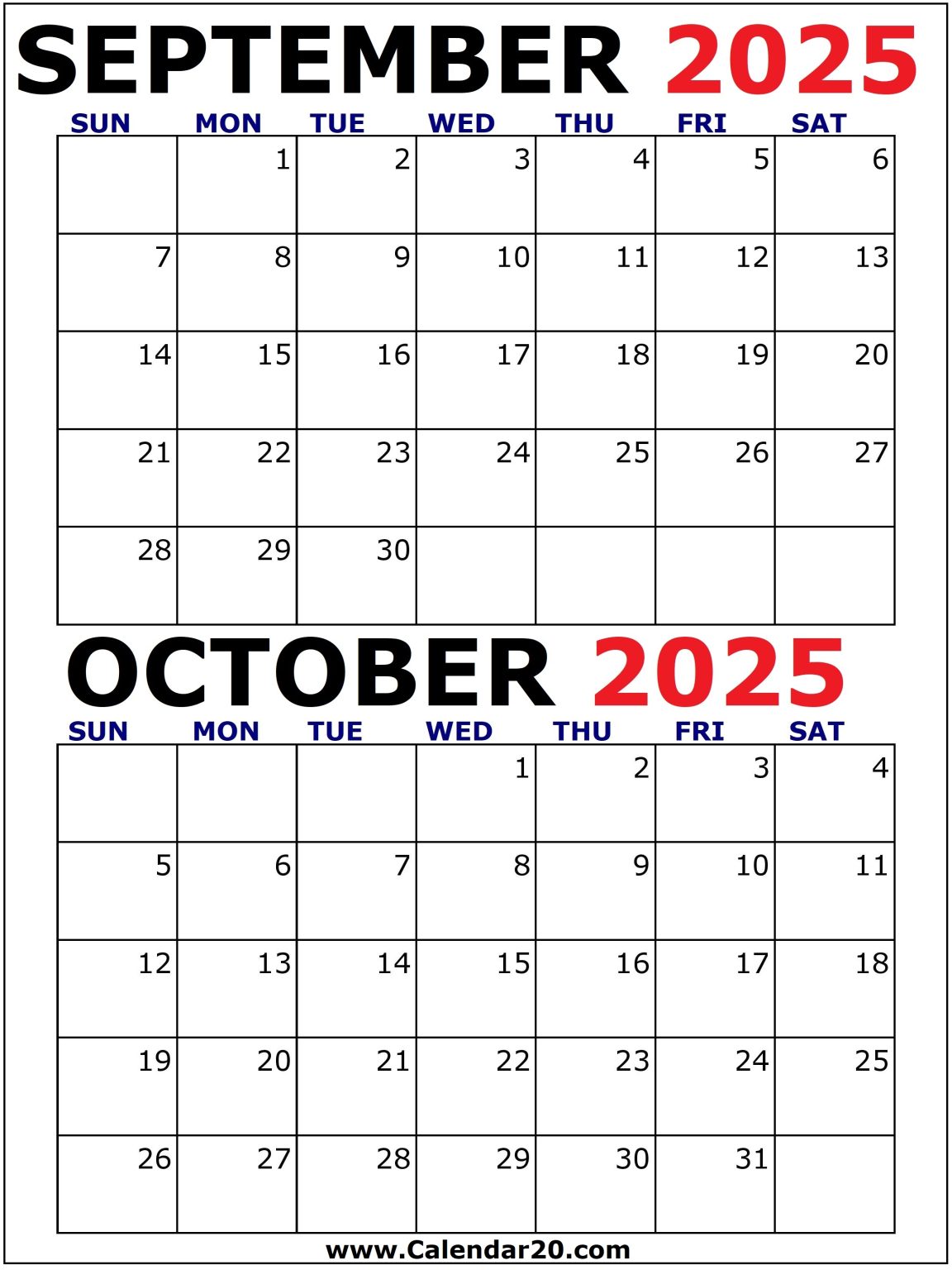 September and October 2025 Calendar Two Months Per Page