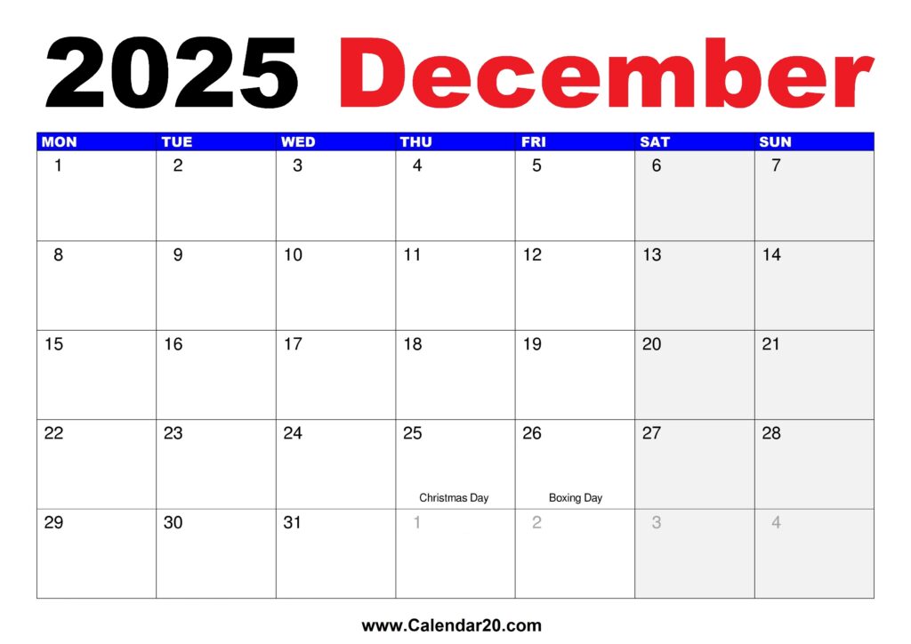 December UK 2025 Printable Calendar