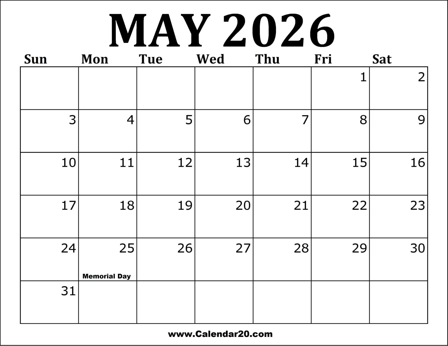 May 2026 Printable Calendar - Calendar20.com