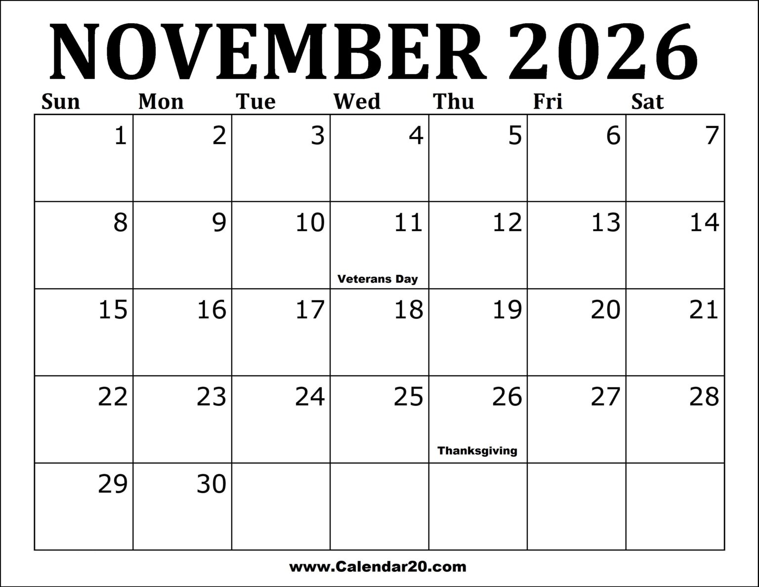 November 2026 Printable Calendar Calendar20 com