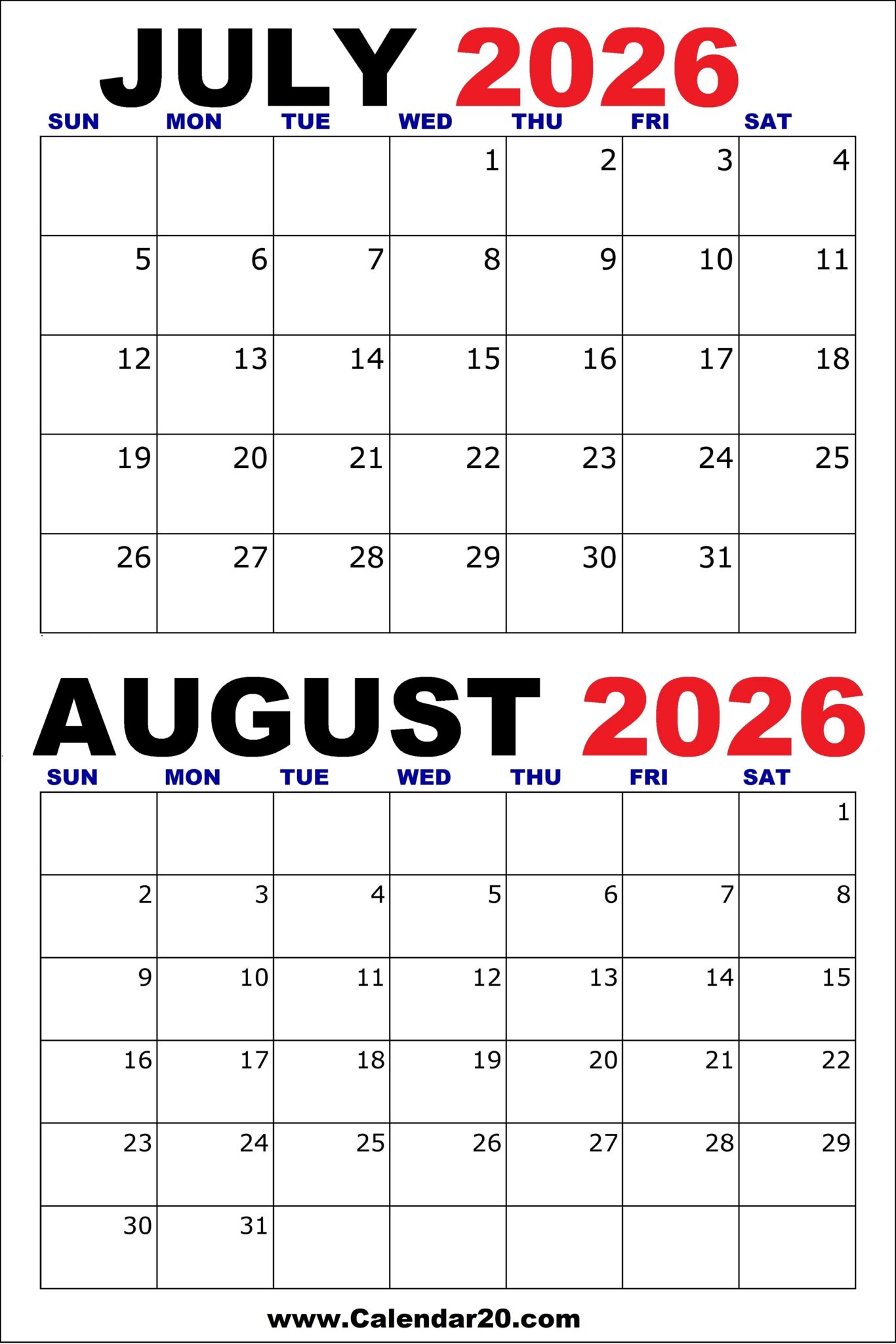 July and August 2026 Calendar – Two Months Per Page - Calendar20.com