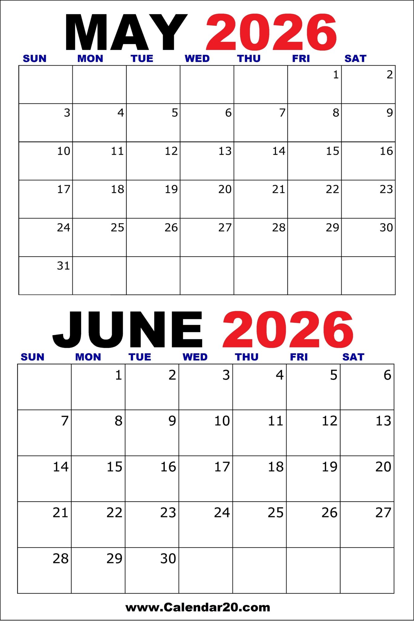 May and June 2026 Calendar – Two Months Per Page - Calendar20.com