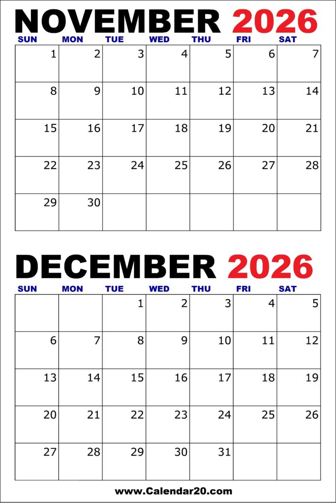 November 2026 and December 2026 Calendar