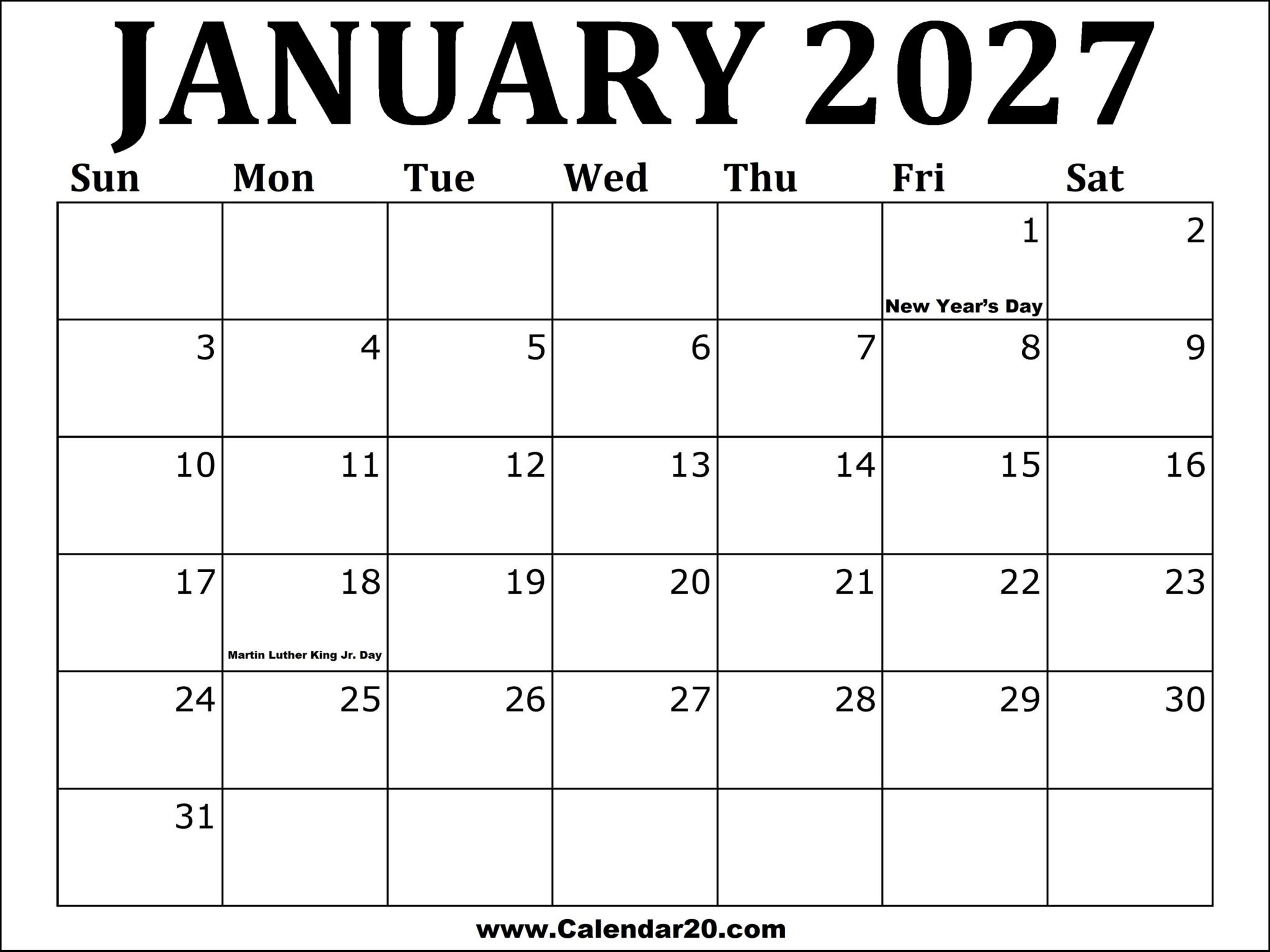 January 2027 Calendar Printable - Calendar20.com