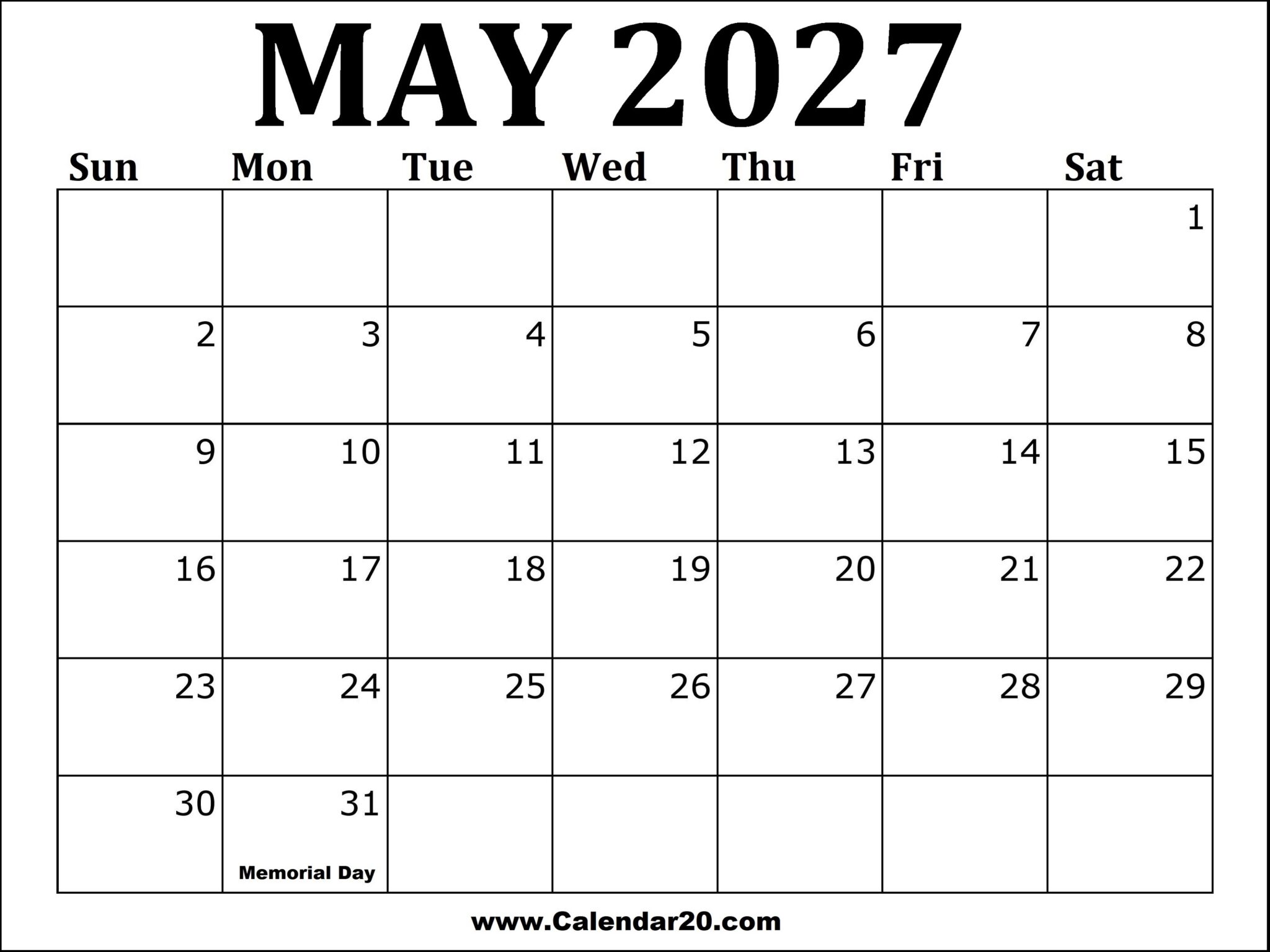 May 2027 Calendar Printable - Calendar20.com